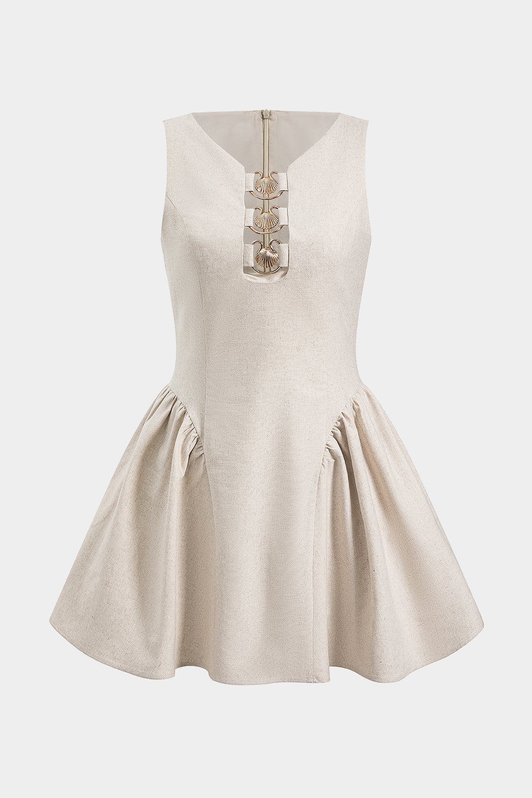 Linen Metallic Ruched Cut Out Zipper Sleeveless Mini Dress