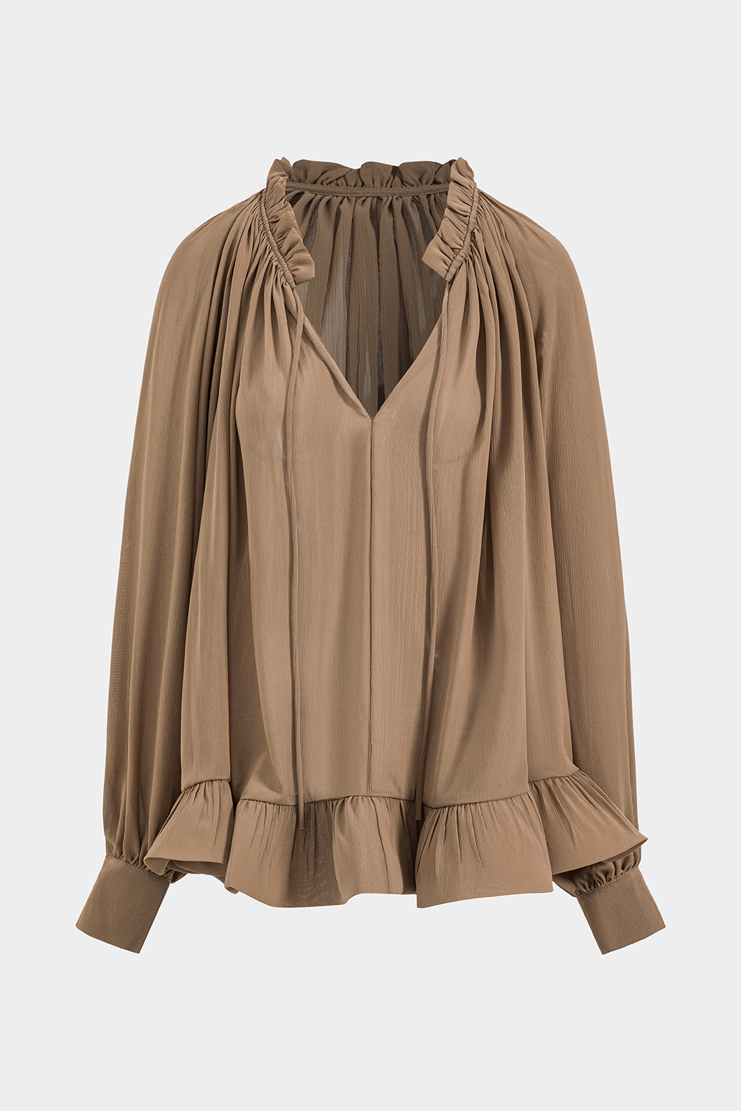 Chiffon Pleated Drawstring Bead Ruffle Long-Sleeve Shirt