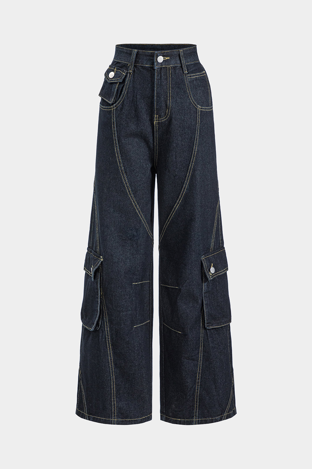 Denim Pocket Button Wide Leg Cargo Jeans