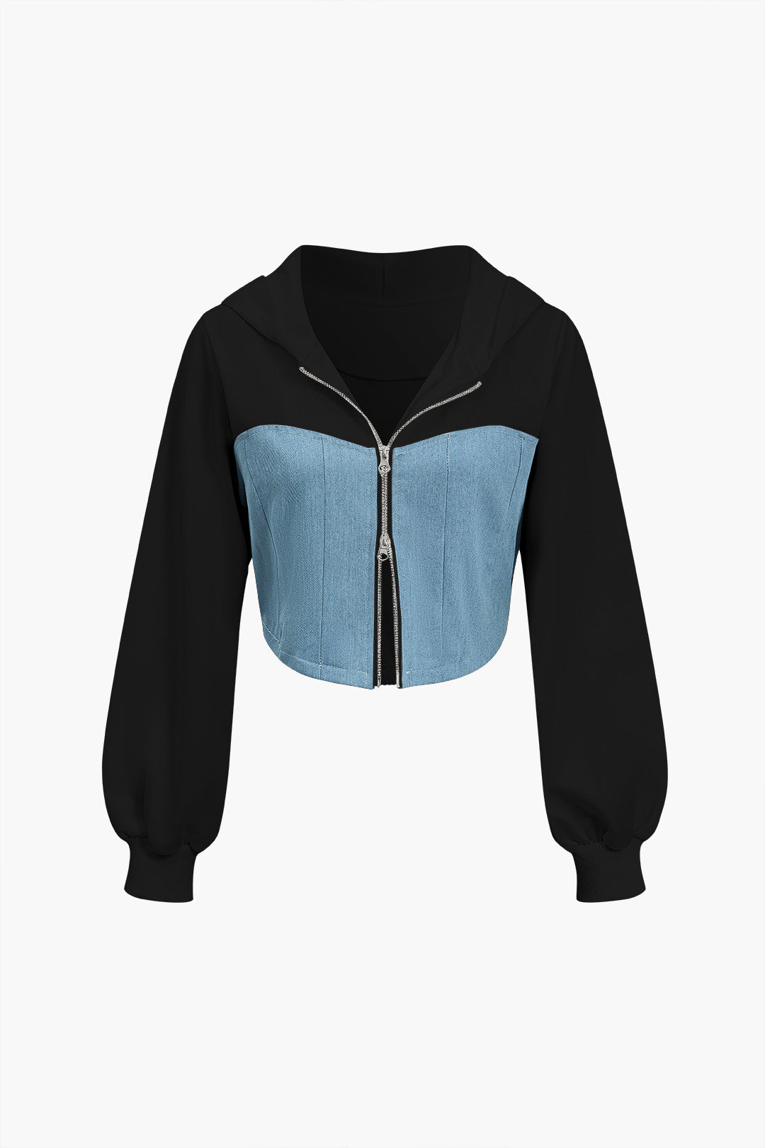 Color Block Denim Patchwork Hooded Zipper Jacket And Trousers Set