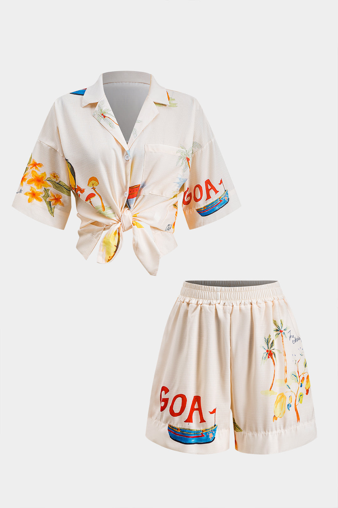 Floral Coconut Palm Print Ruched Button Pocket Shirt And Shorts Set