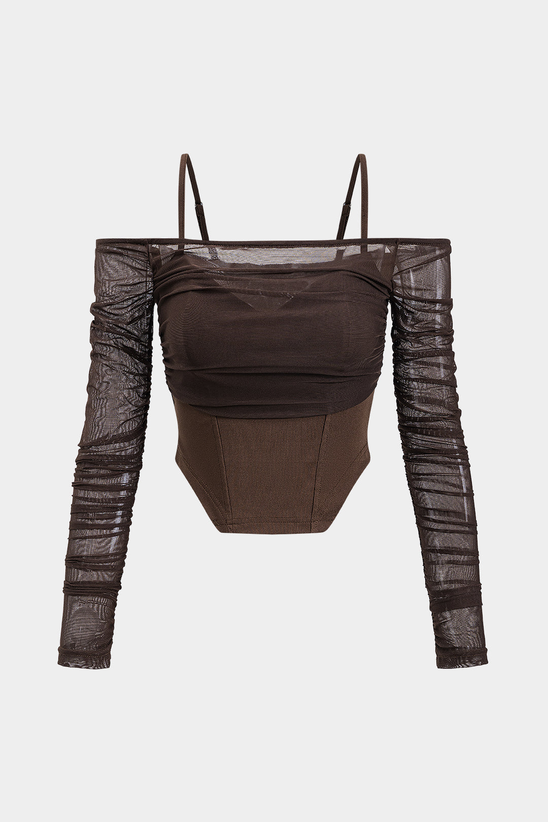 Mesh Sheer Ruched Long-Sleeve Slip Corset Top