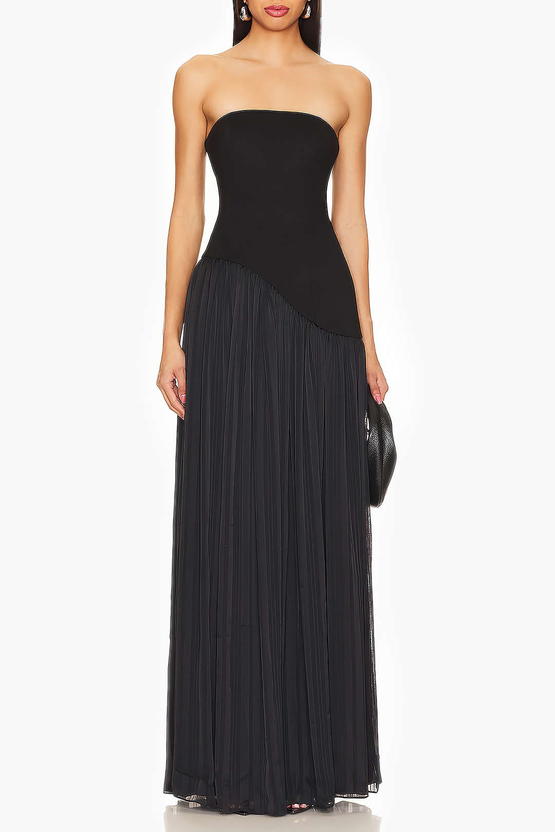 Strapless Patchwork Zipper Pleated Maxi Dress