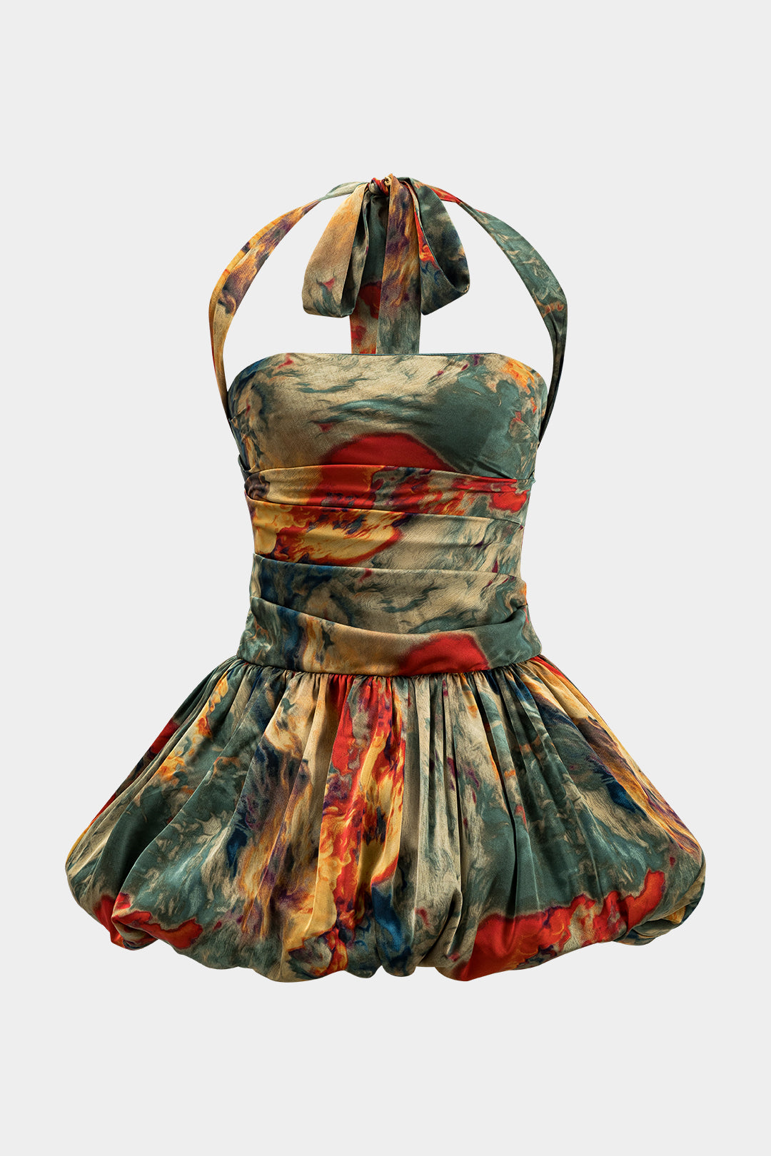 Watercolor Print Satin Ruched Backless Zipper Tie Up Mini Dress