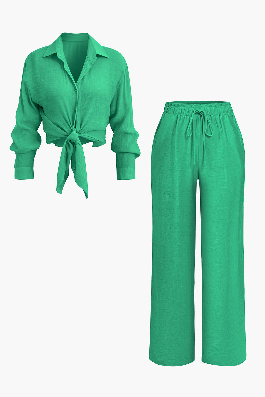 Tie Front Shirt And Wide Leg Pants Set