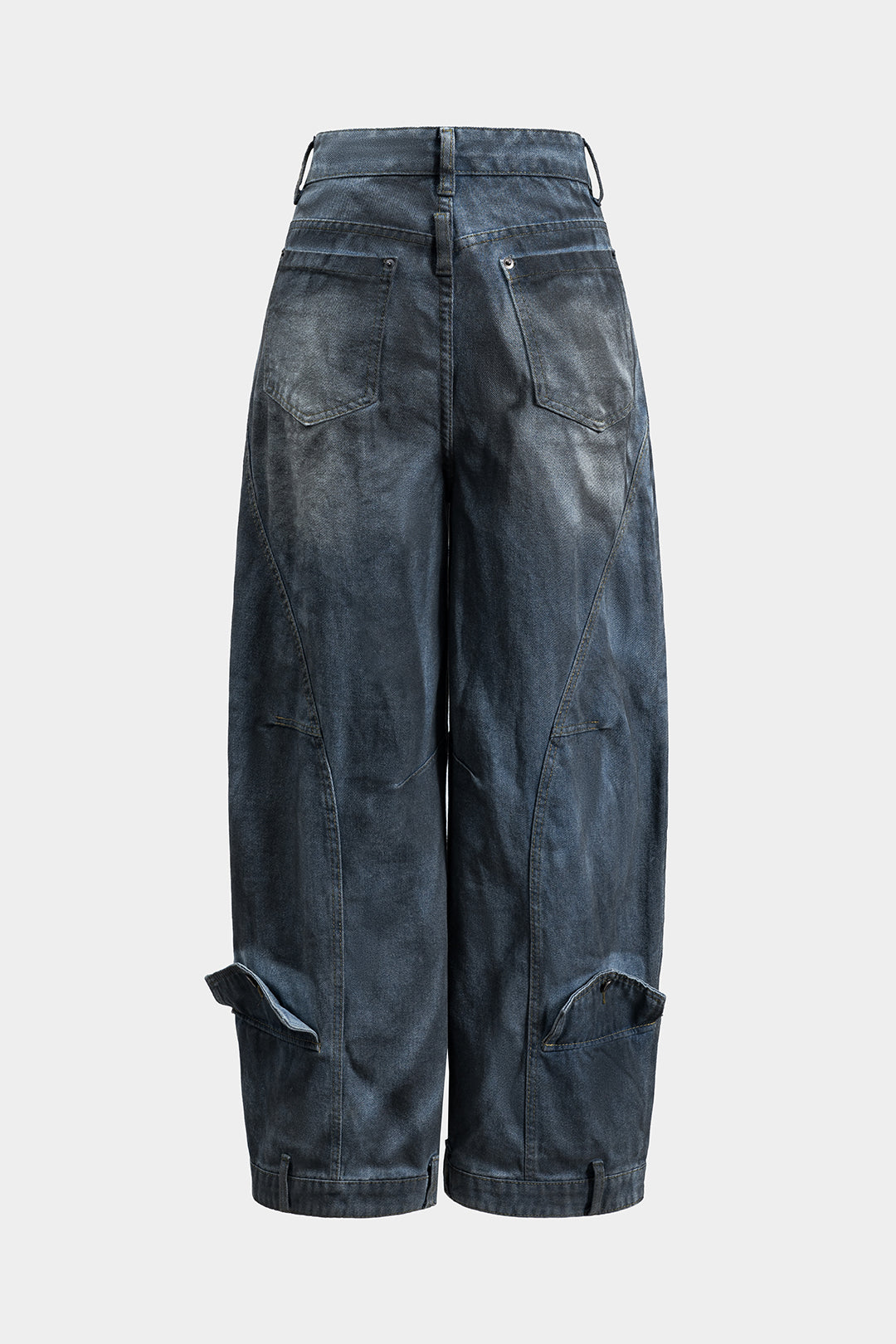 Denim Ruched Button Pocket Wide Leg Jeans