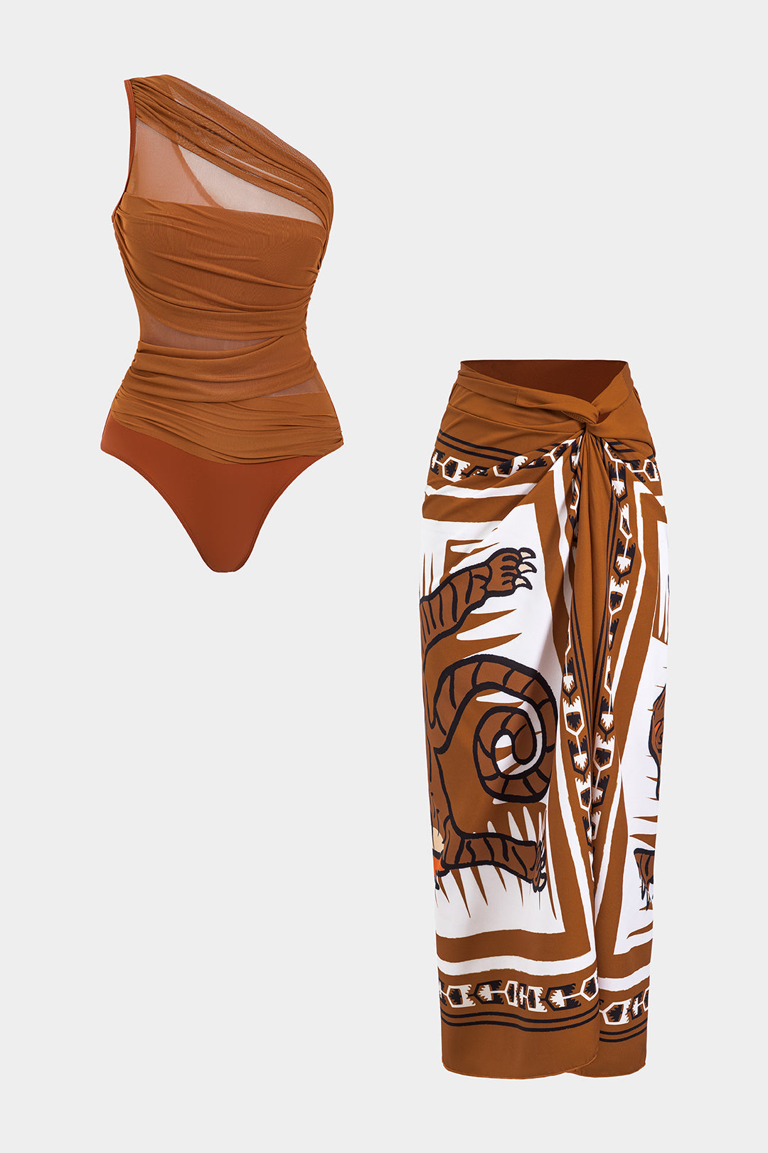 Mesh Ruched Asymmetrical Patchwork Tummy Control Swimwear And Tiger Print Twist Knot Cover Up Set