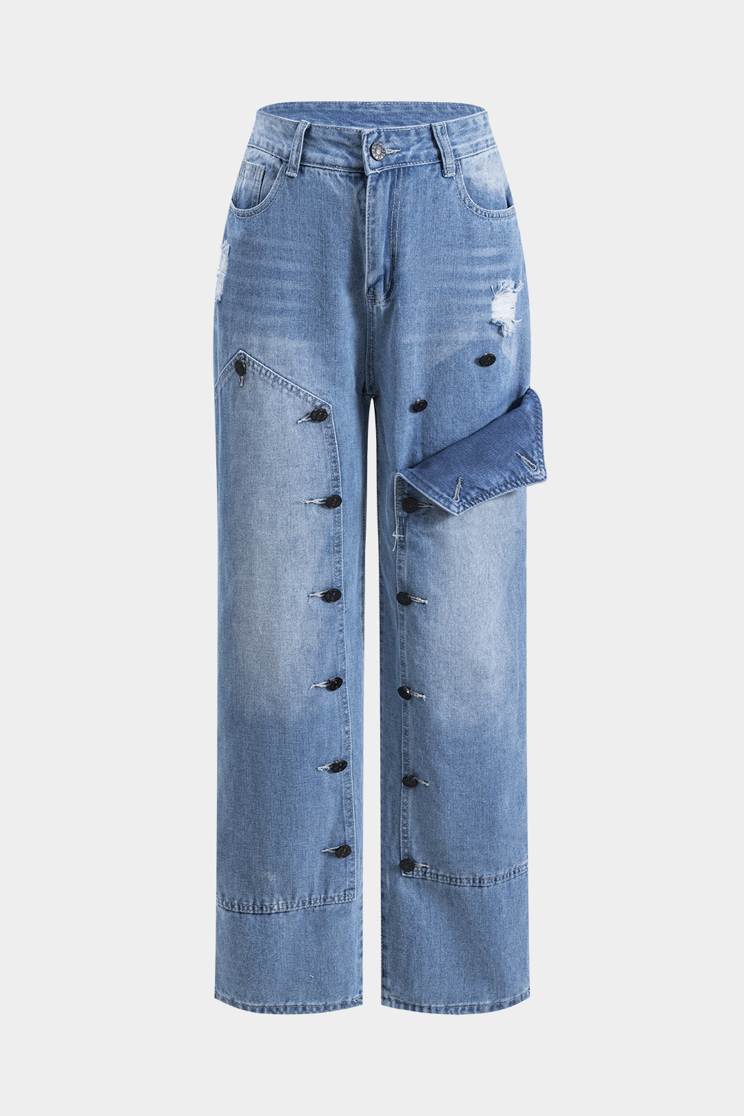 Denim Patchwork Button Pocket Wide Leg Jeans