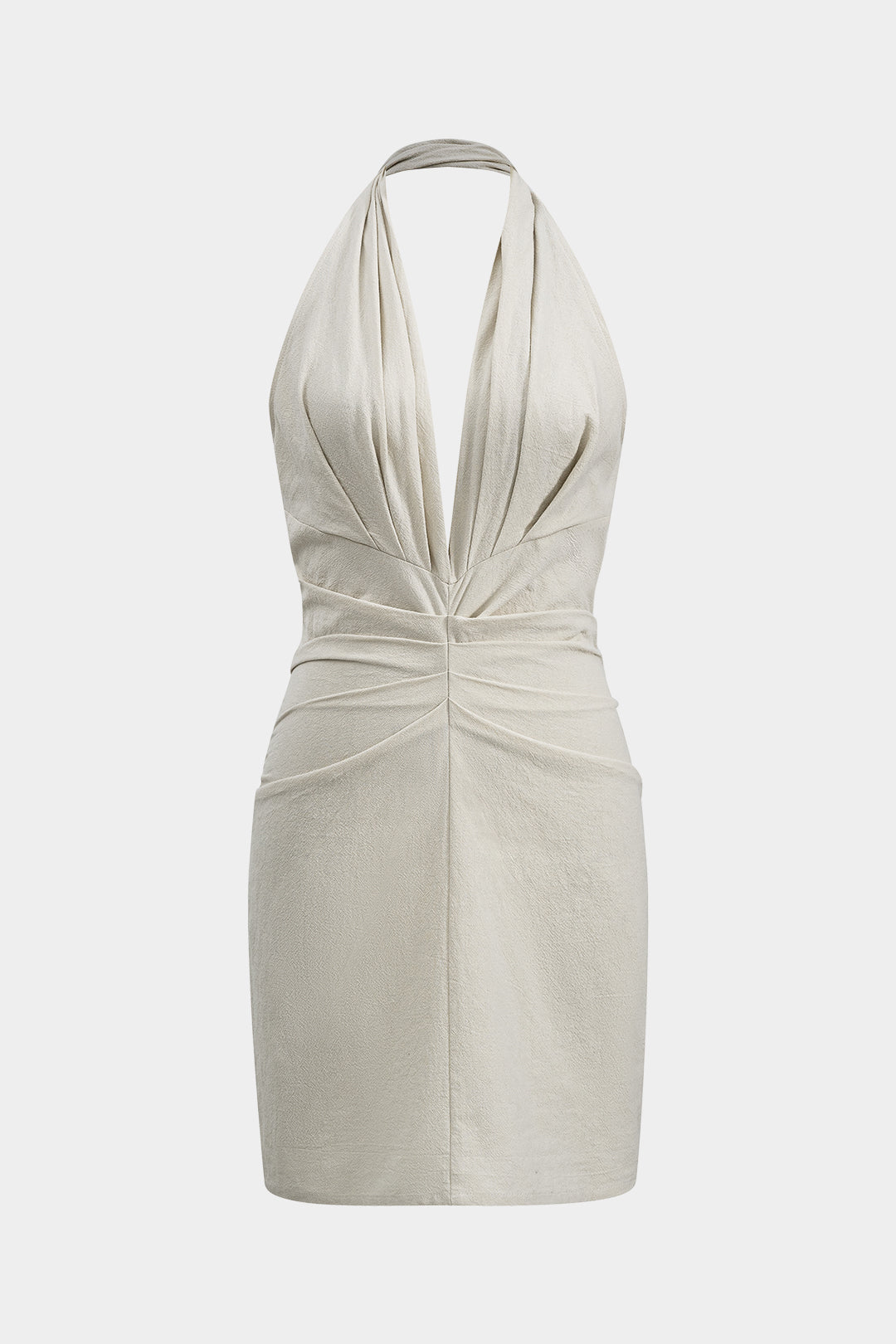 Linen Ruched Halter V-Neck Backless Zipper Mini Dress