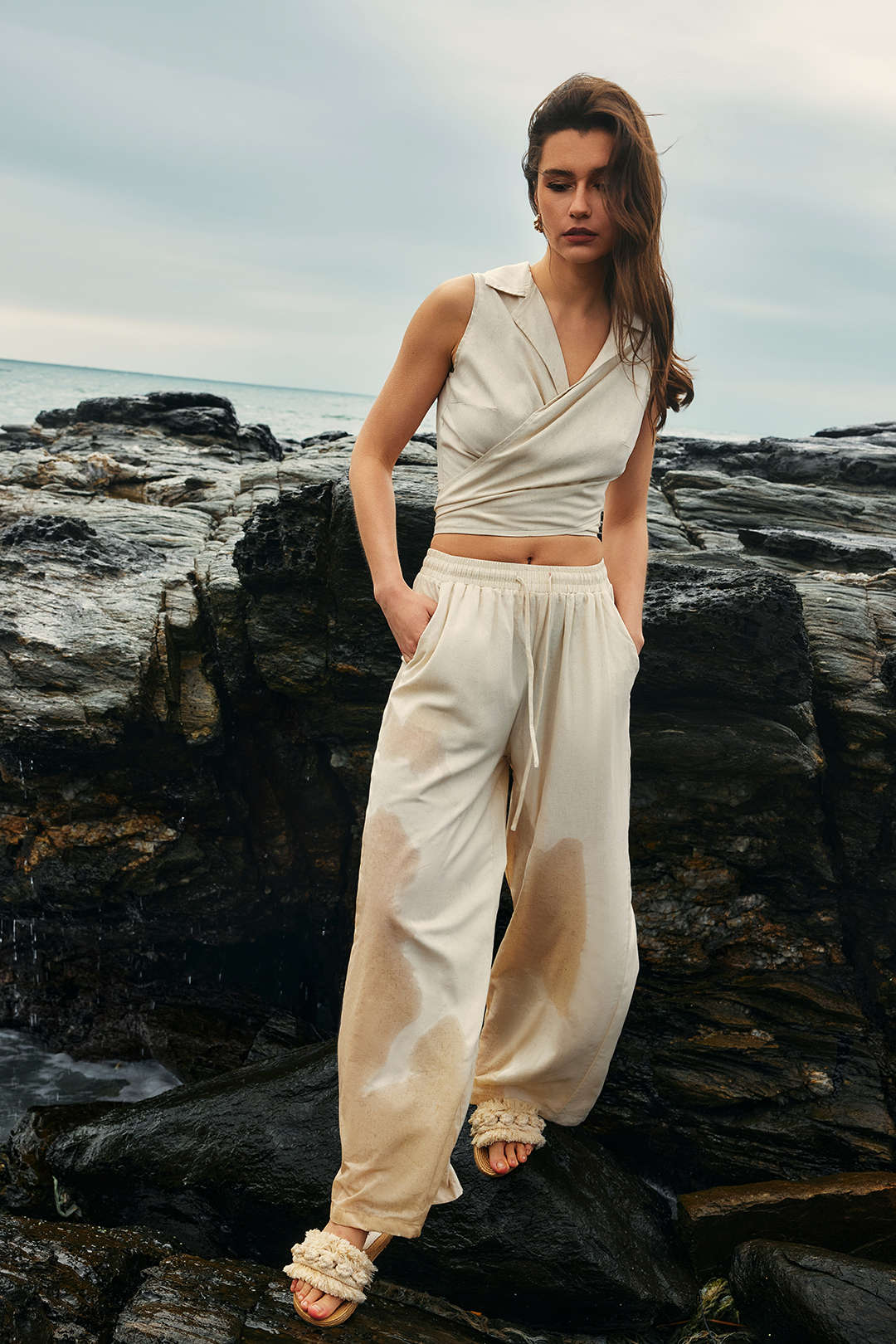 Basic Linen Drawstring Wide Leg Pants