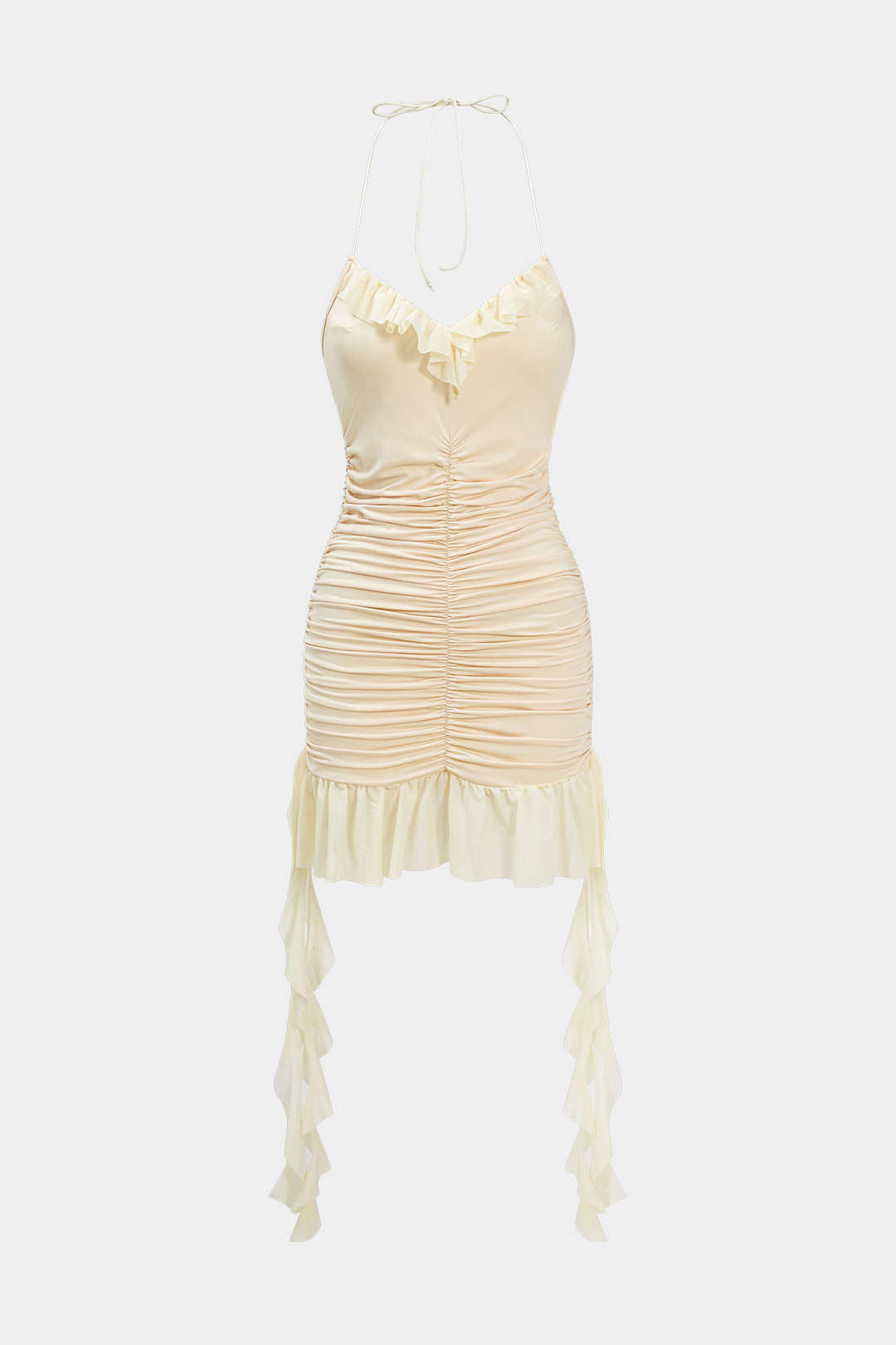 Mesh Ruffle Ruched Tie-Up Backless Mini Dress