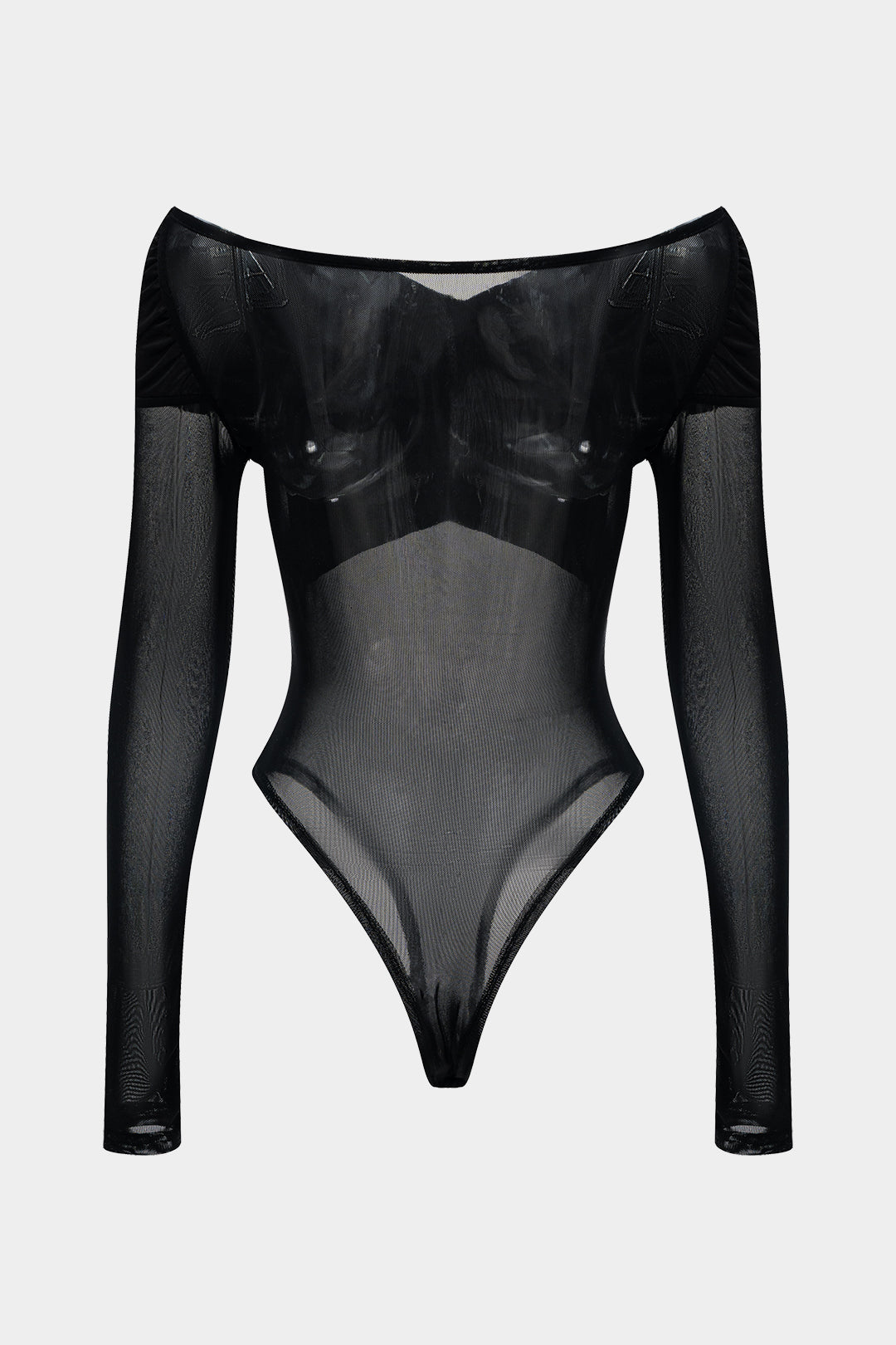 Mesh Satin Patchwork Sheer Long Sleeve Bodysuit