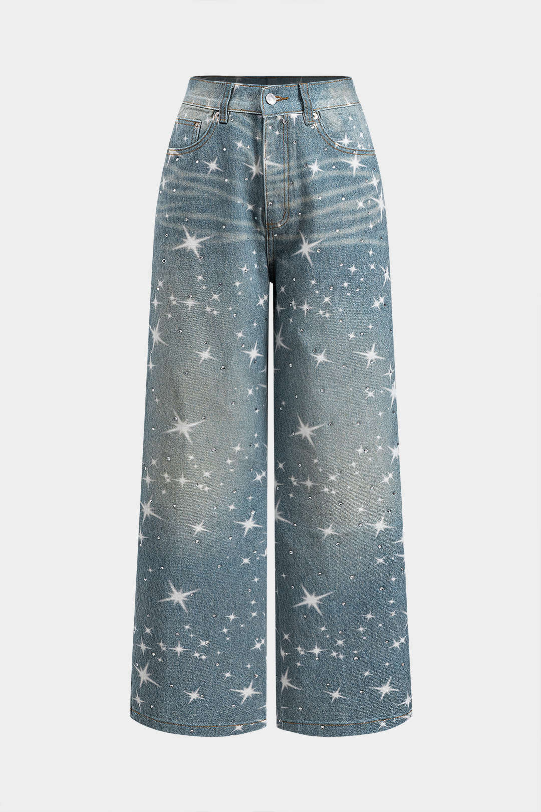 Denim Rhinestone Washed Button Pocket Wide Leg Jeans