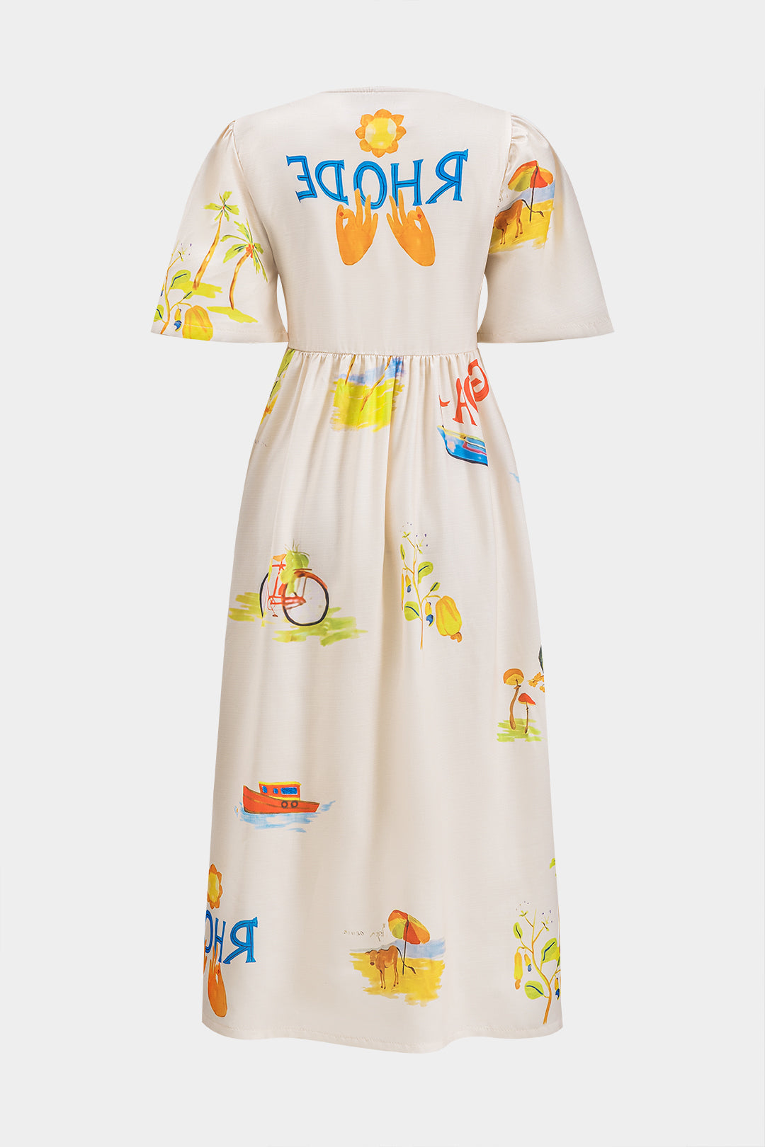 Coconut Palm Letter Print Button V-Neck Short Sleeve Maxi Dress