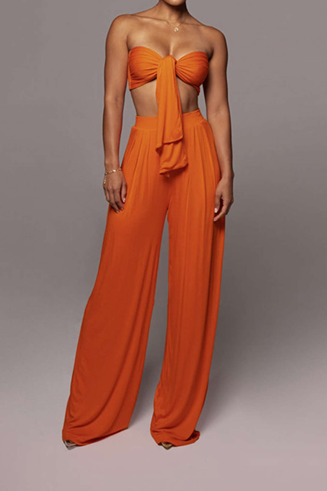 Tie Knot Front Ruched Tube Top And Pleated Wide Leg Pants