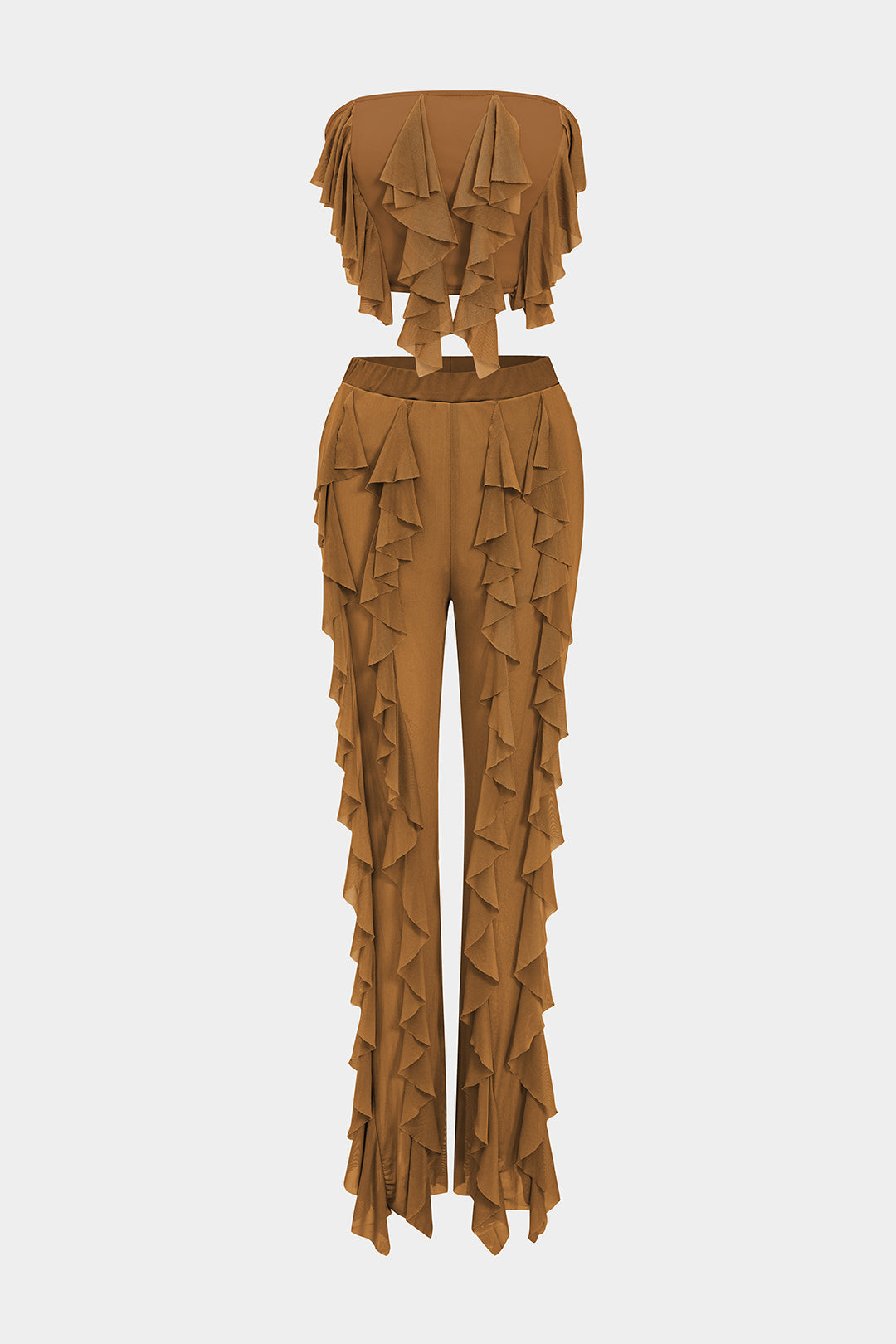 Ruffle Mesh Contrast Tube Top And Trousers Set