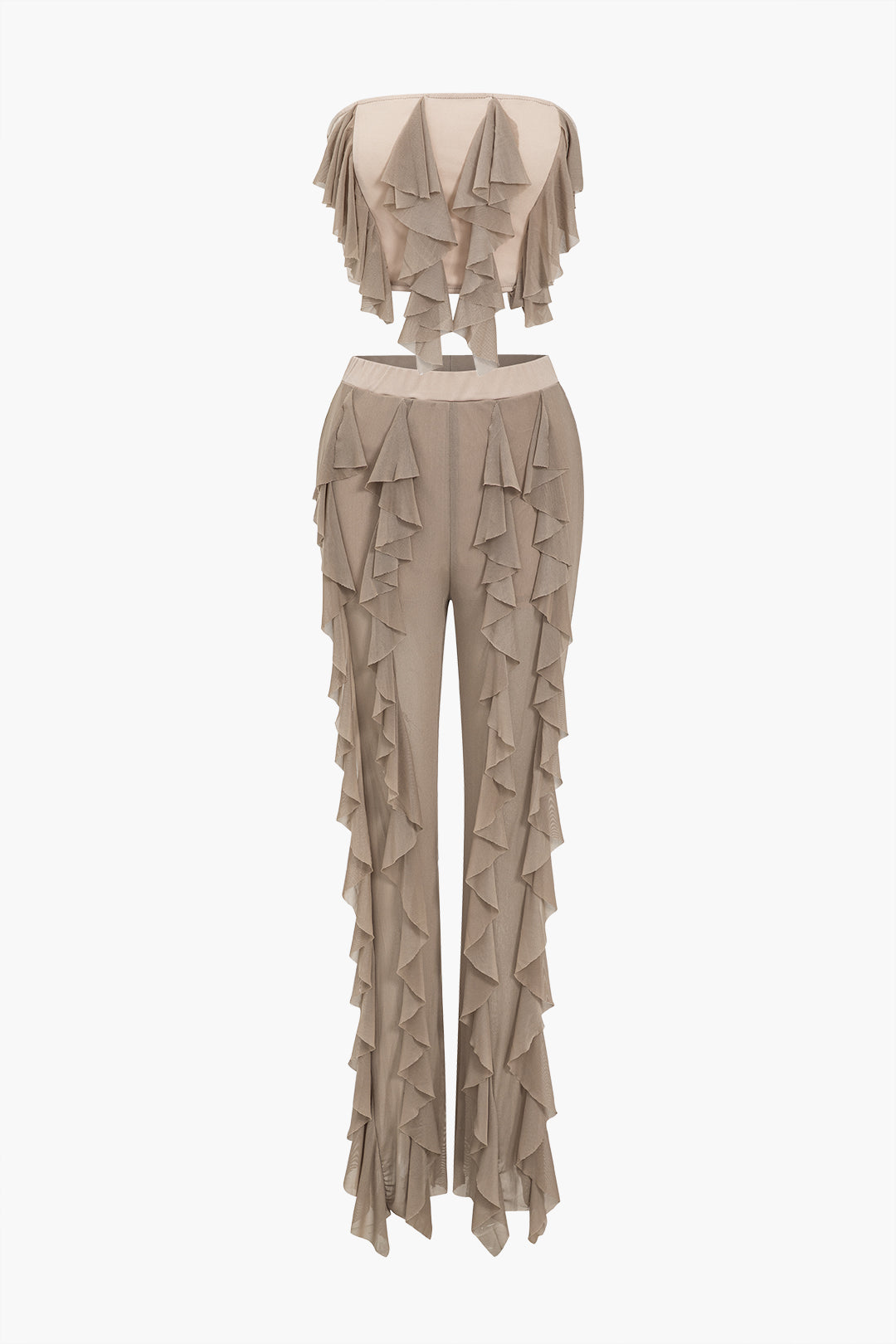 Ruffle Mesh Contrast Tube Top And Trousers Set