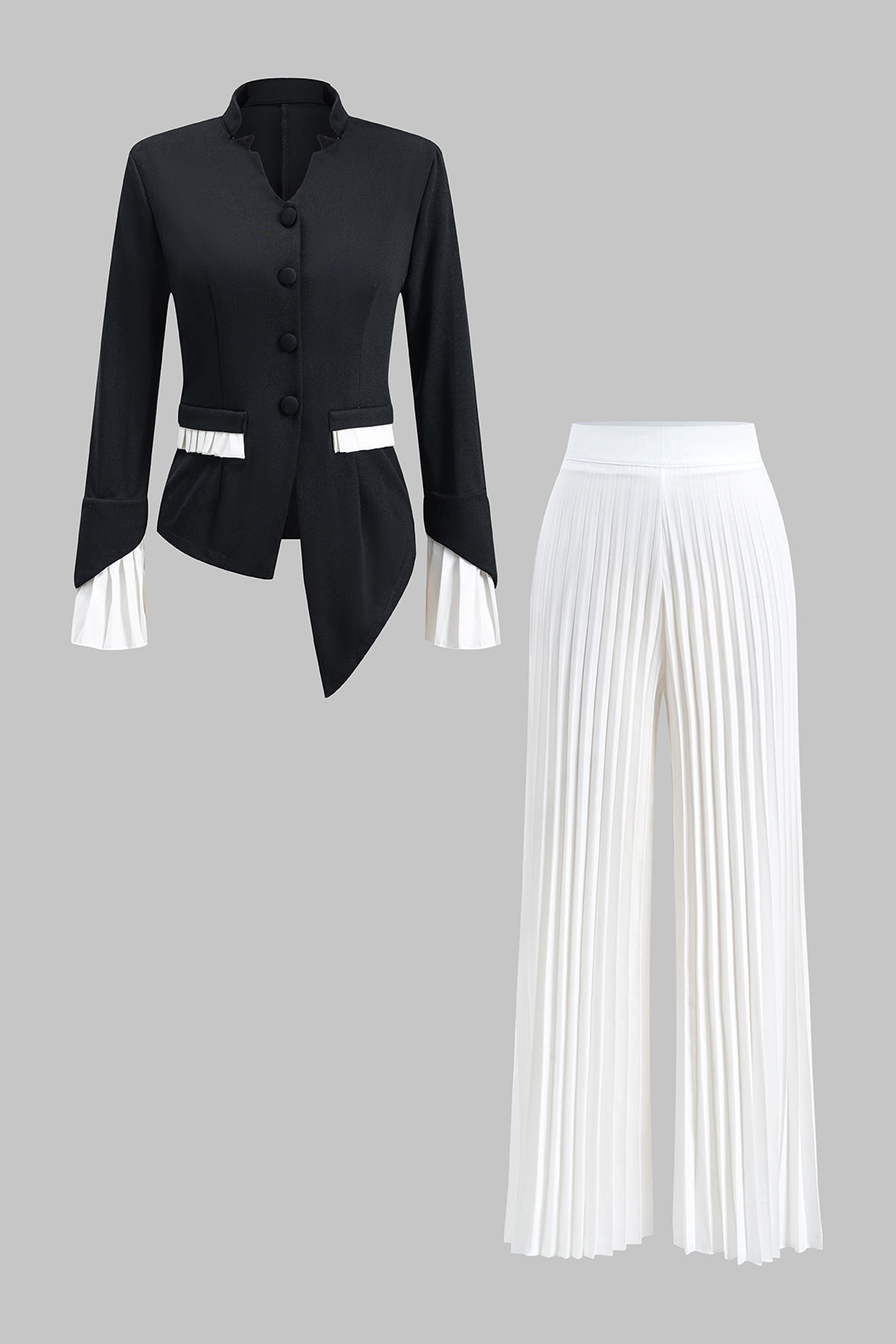 Contrast Pleated Button Pocket Long Sleeve Top And Wide Leg Trousers Set