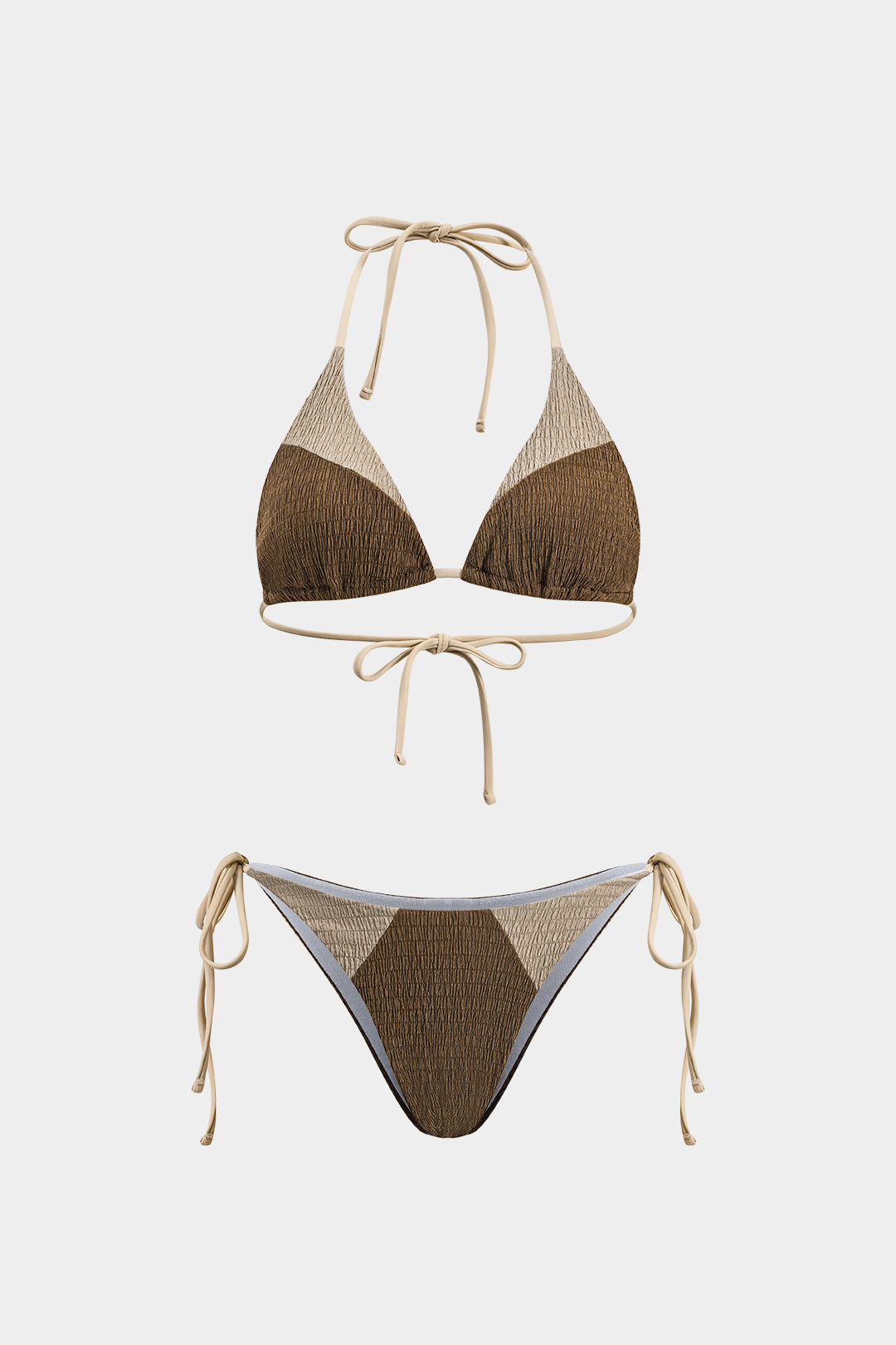 Textured Contrast Ruched Tie Up Bikini Set