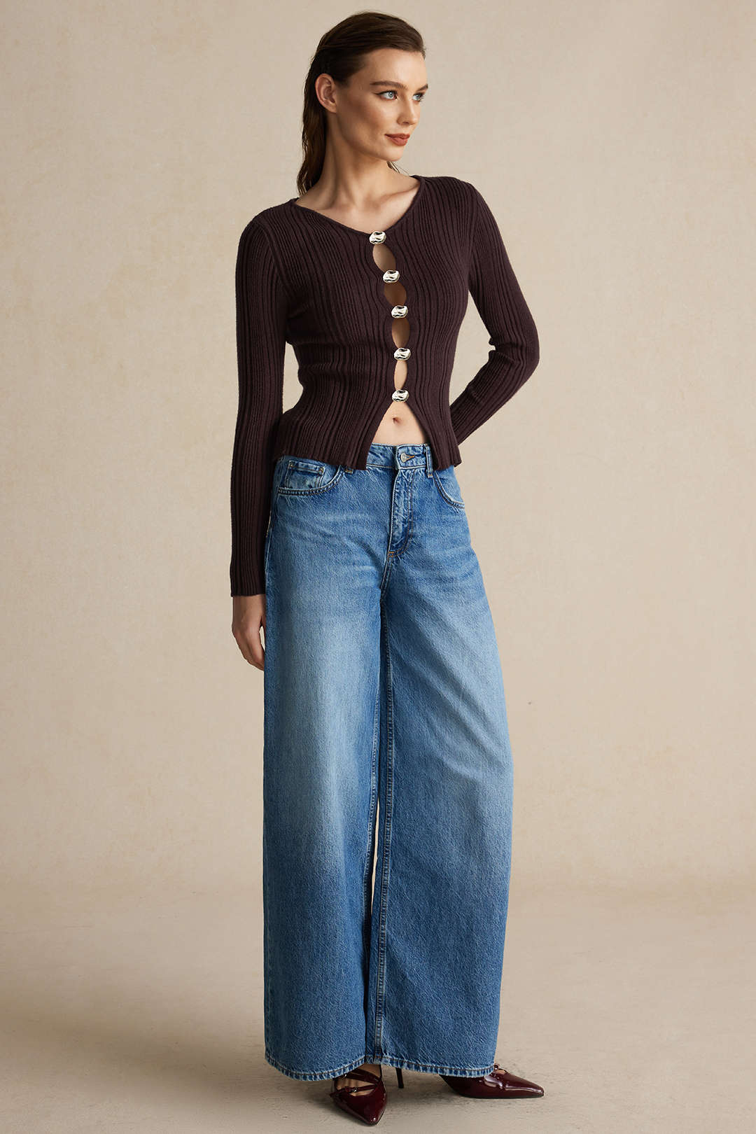 Solid Knit Button Long-Sleeve Top