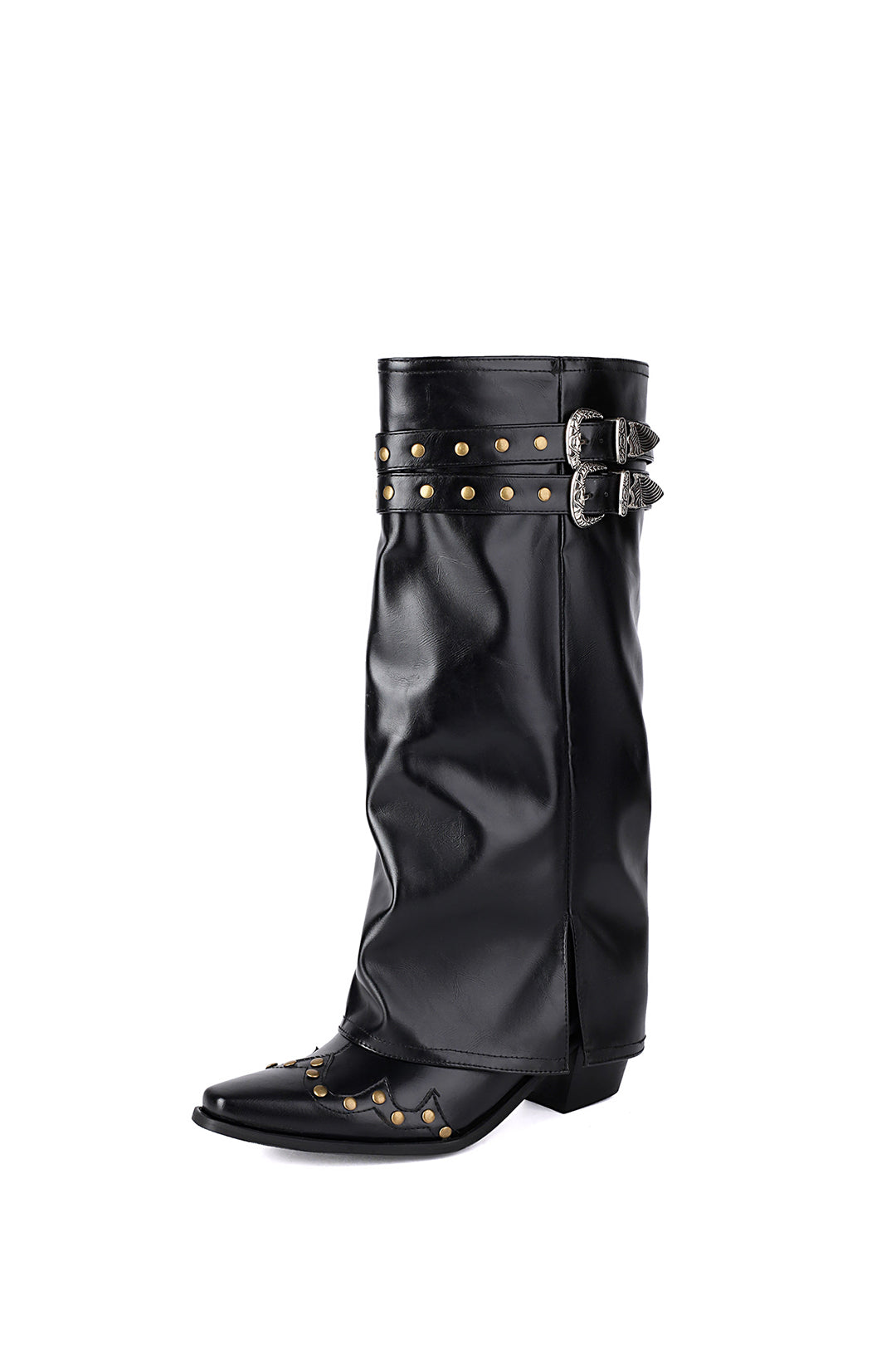 Faux Leather Studded Pointed Toe Mid Calf Boots