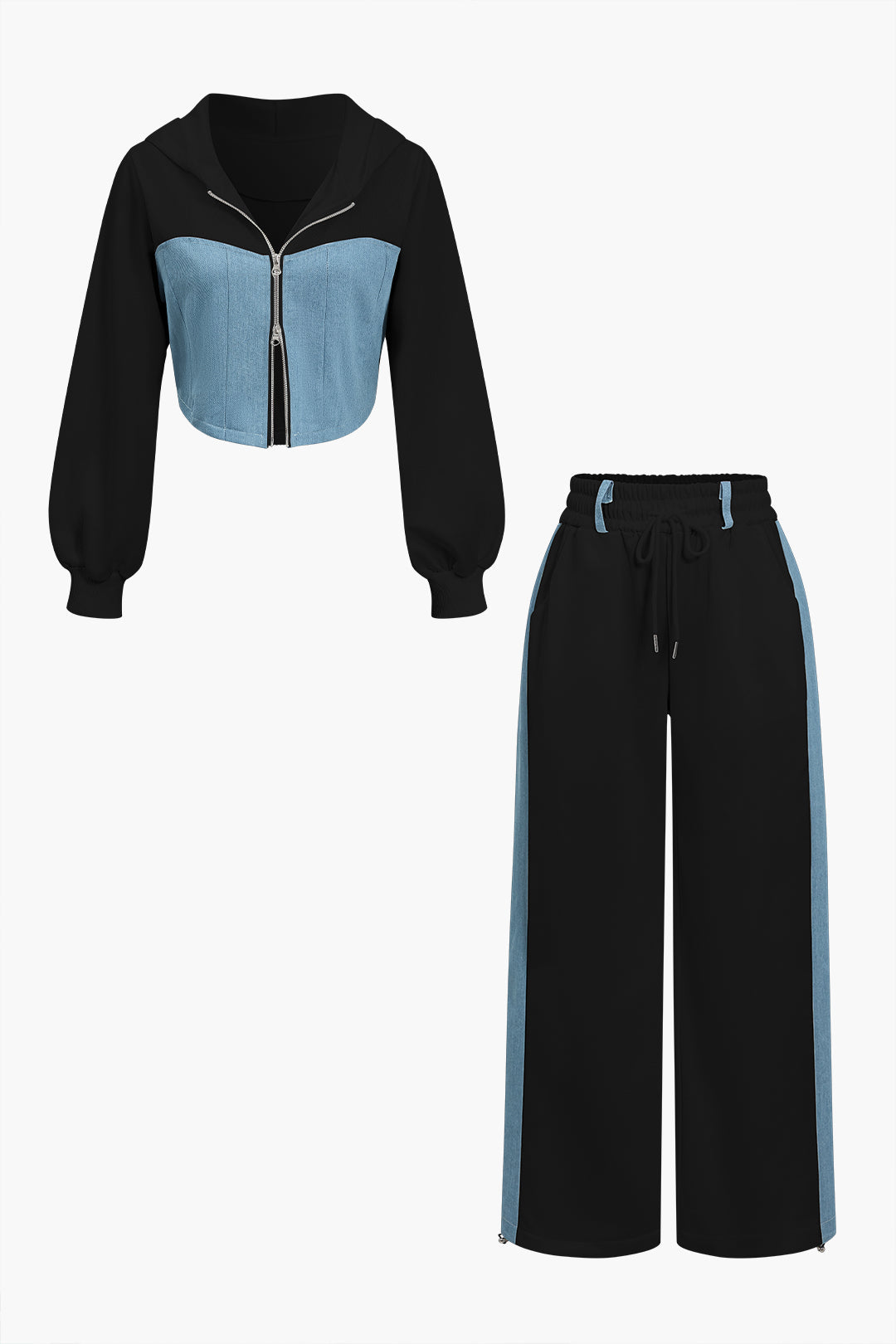 Color Block Denim Patchwork Hooded Zipper Jacket And Trousers Set