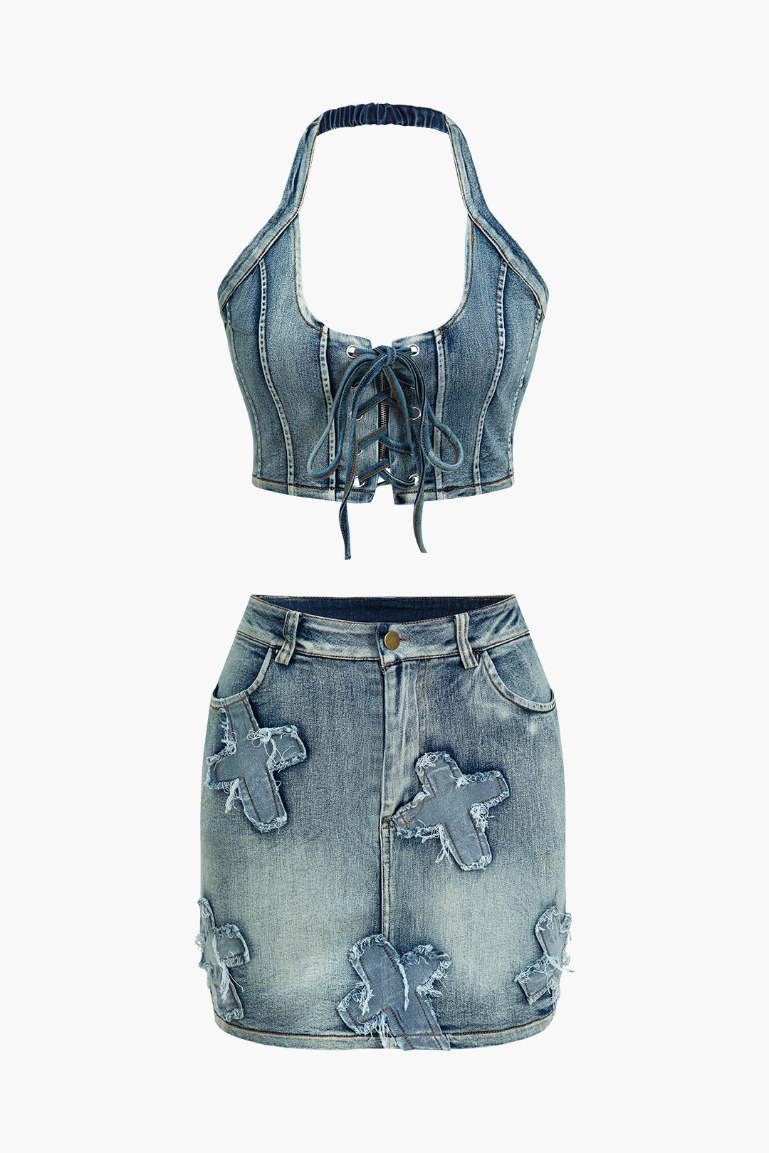 Denim Tie Up Halter And Mini Skirt Set