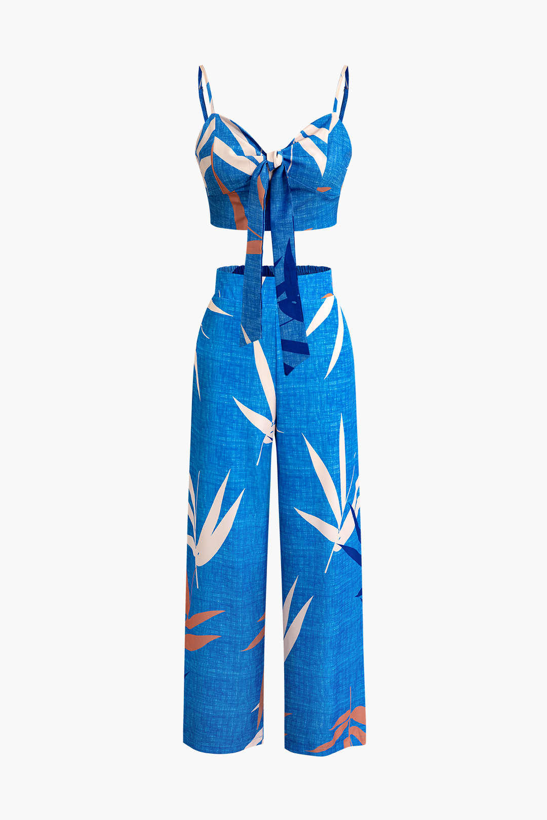 Bamboo Leaf Print Knot Cami Top And Pants Set