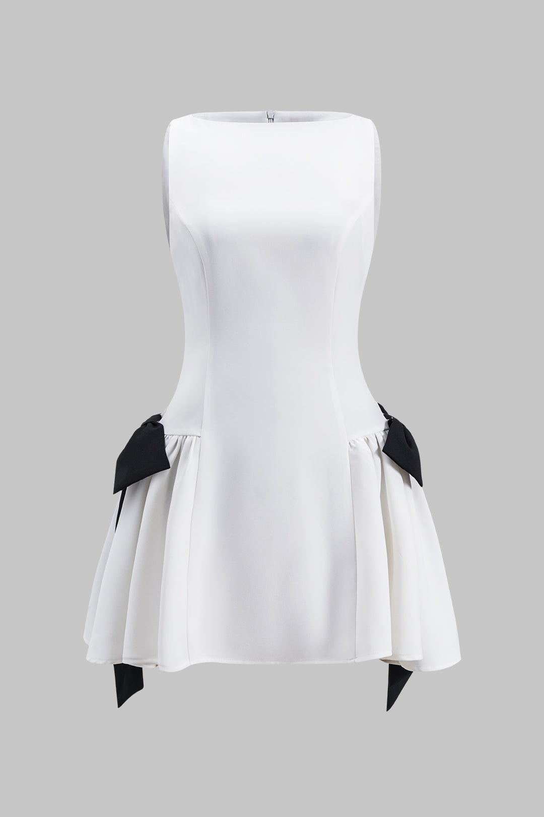 Contrast Bow Ruched  Patchwork Zipper Sleeveless Mini Dress