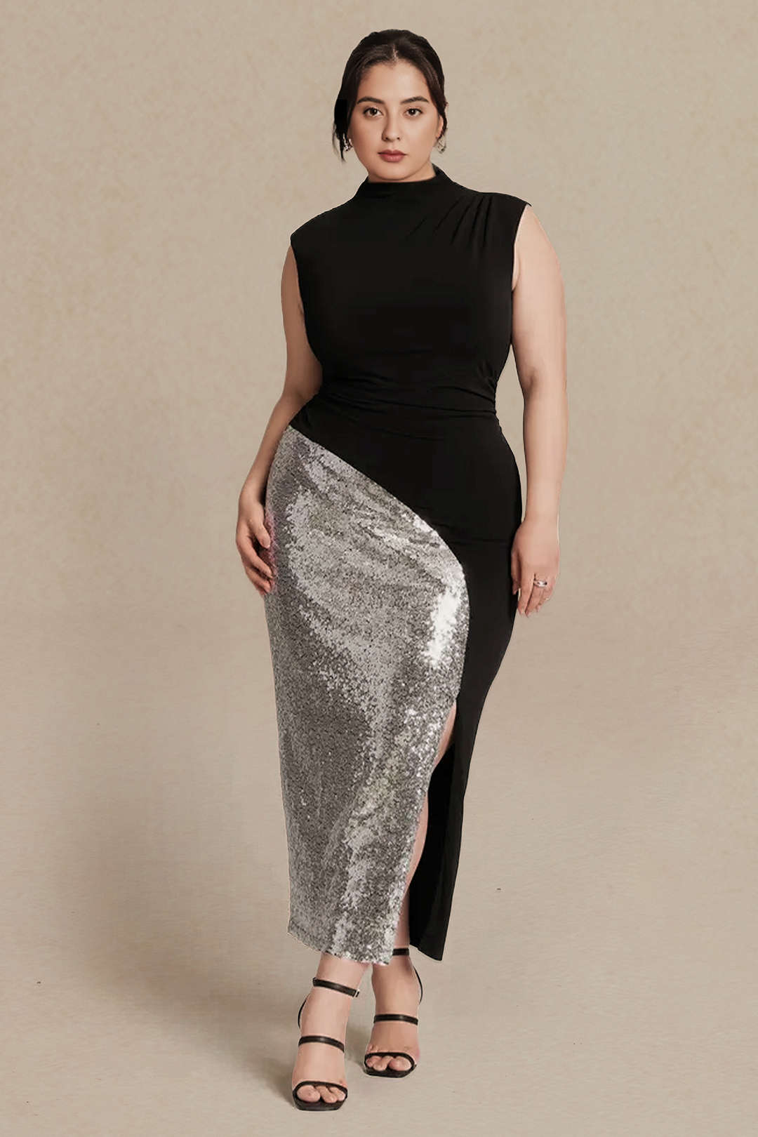 Plus Size Asymmetrical Sequin Slit Midi Dress