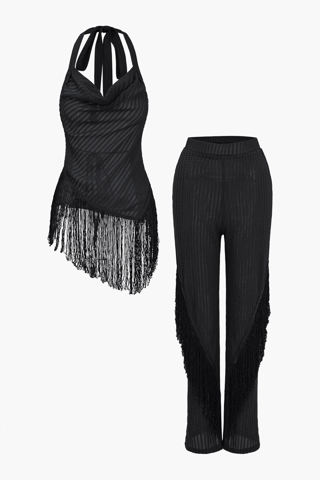 Solid Fringe Backless Asymmetrical Trouser Set