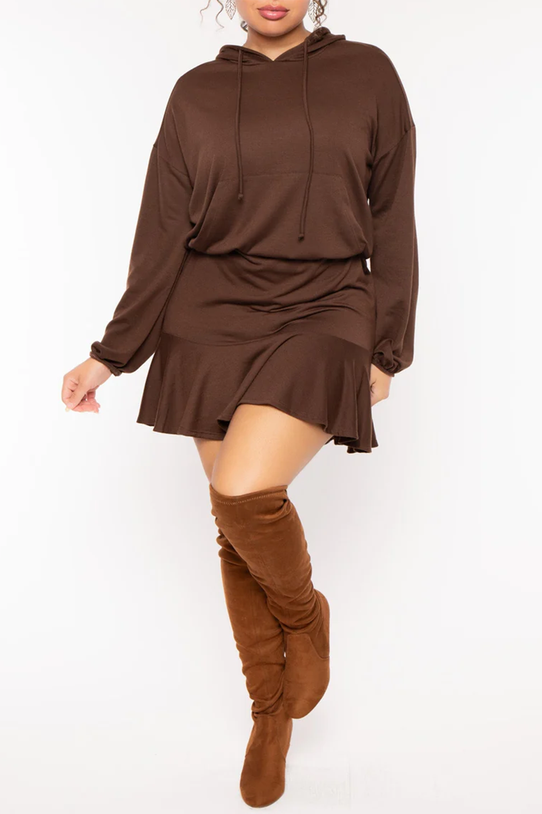 Plus Size Long Sleeve Tie Front Hooded Mini Dress