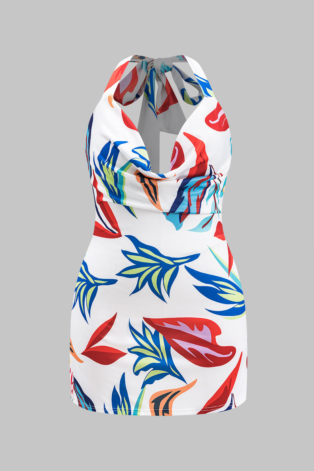 Plus Size Leaves Print Ruched Tie Up Cowl Neck Mini Dress