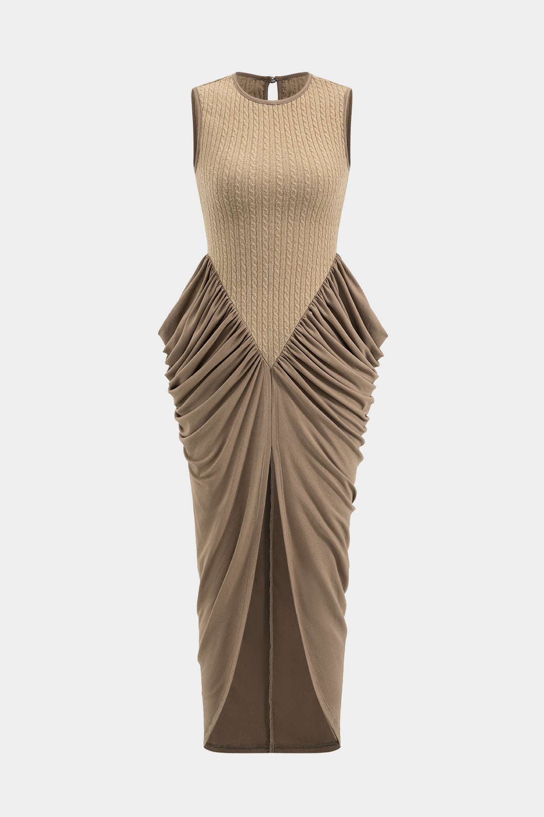 Ruched Sleeveless Round Neck Slit Maxi Dress