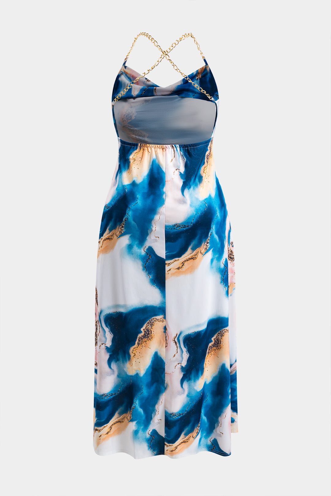 Plus Size Tie Dye Print Satin Metal Chain Ruched Backless Maxi Dress