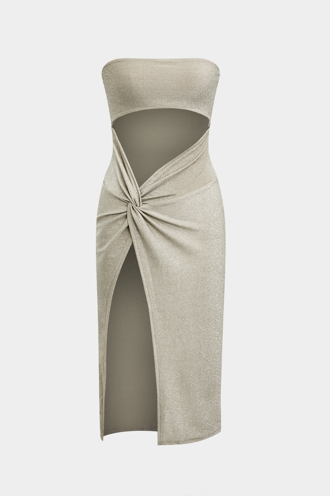 Ruched Asymmetrical Cut Out Twist Knot Slit Strapless Midi Dress