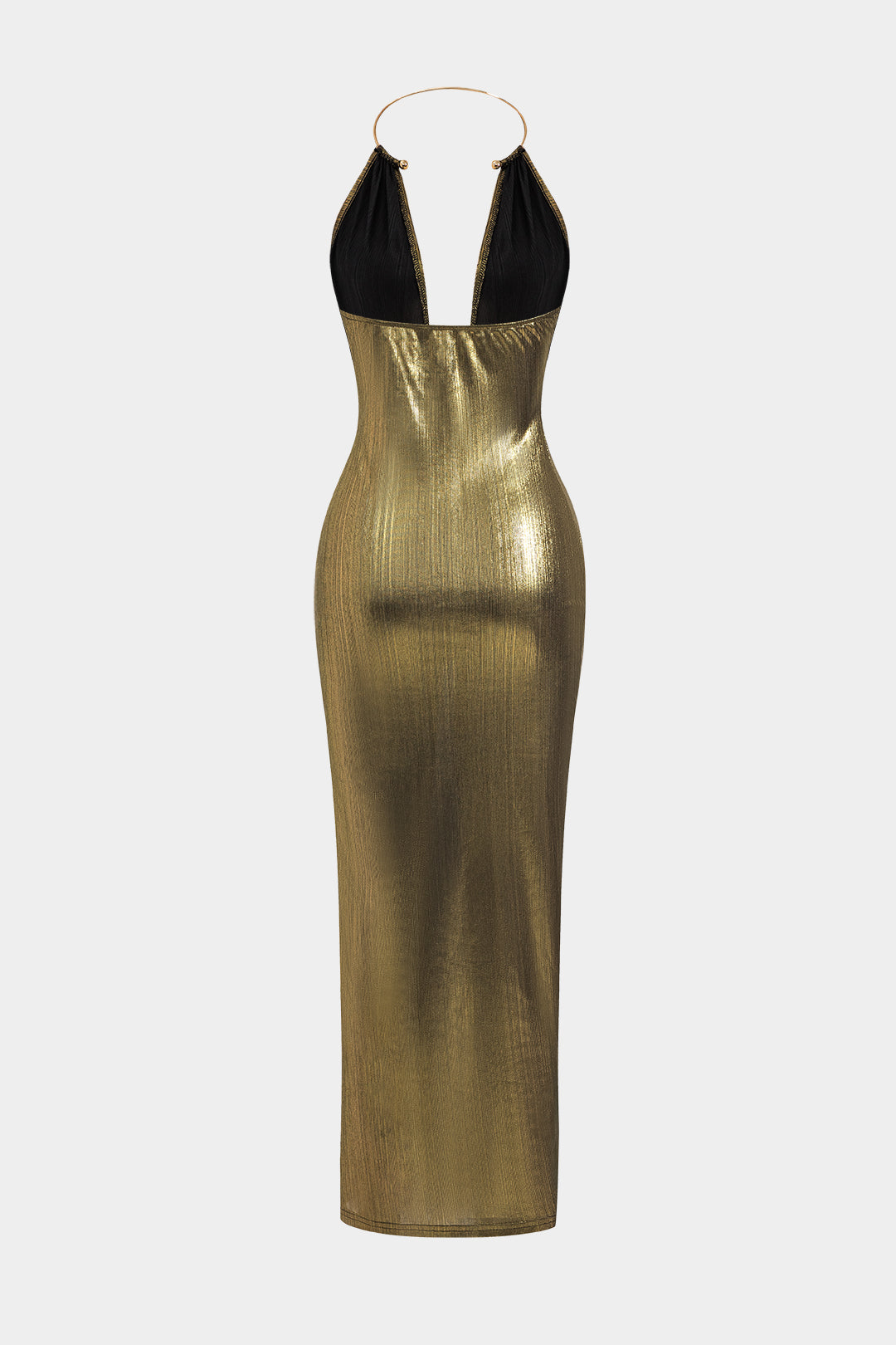 Metallic Ring Ruched Backless Slit Midi Dress