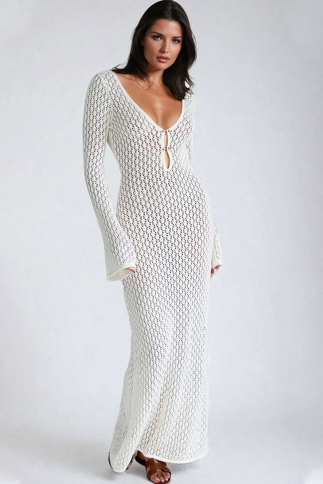 V-neck Crochet Open Knit Long Sleeve Maxi Dress