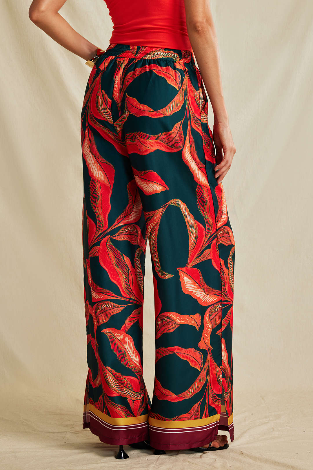 Leaf Print Drawstring Wide Leg Pants