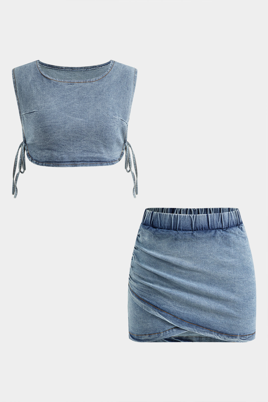 Denim Side Slit Tie Up Cropped Top Ruched Asymmetrical Skirt