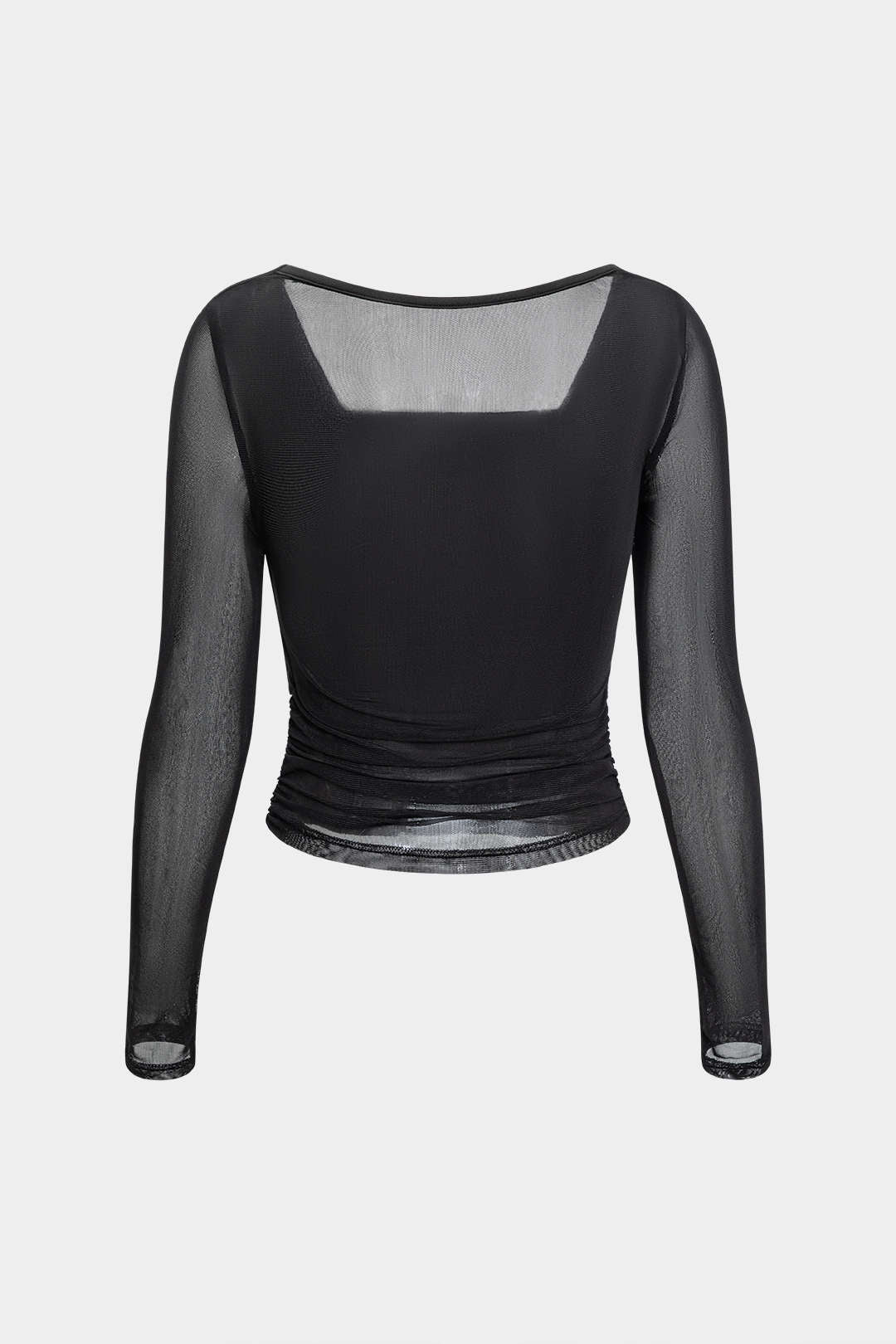 Mesh Ruched Sheer Cowl Neck Long-Sleeve Top