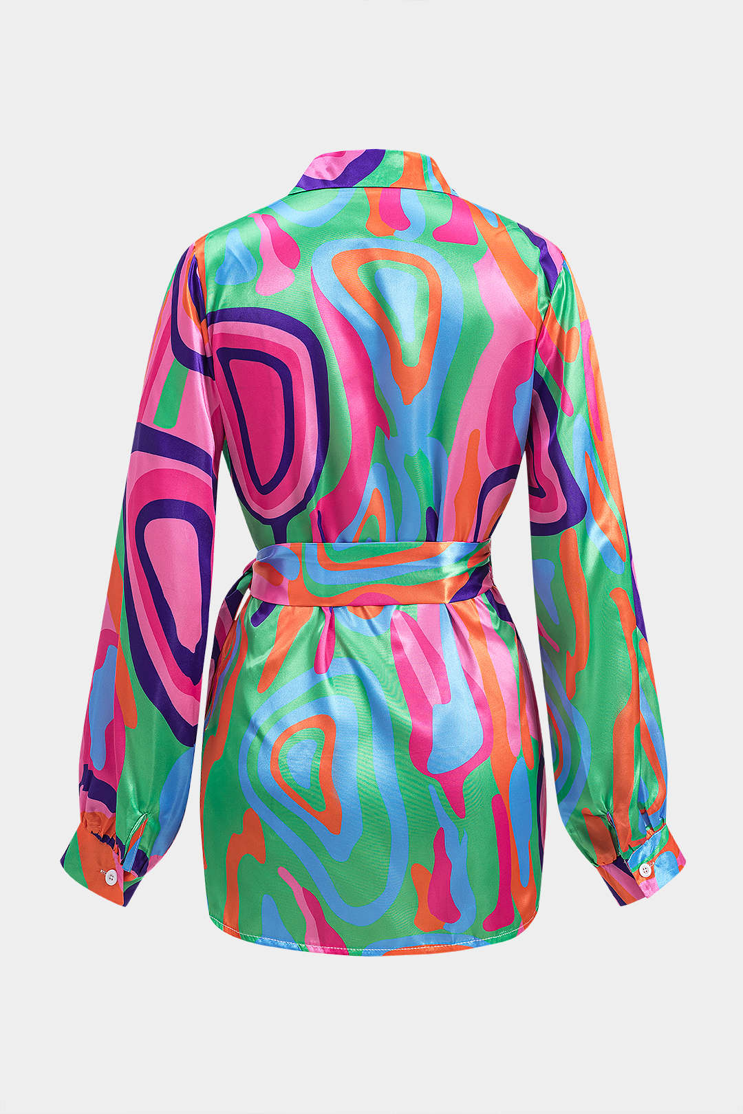 Abstract Print Ruched Button Twist Knot Long Sleeve Mini Dress