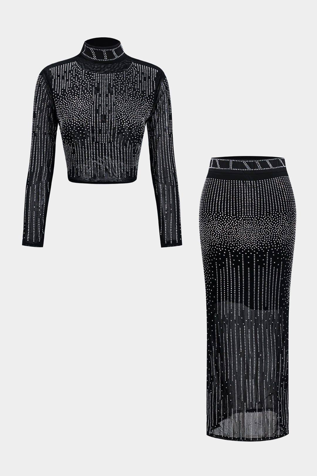 Mesh Rhinestone Long Sleeve Mock Neck Top And Skirt Set