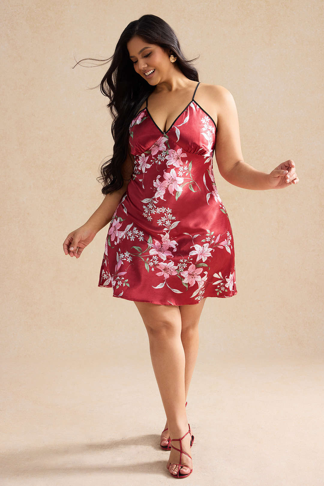 Plus Size Floral Print Satin Ruched Slip Night Dress