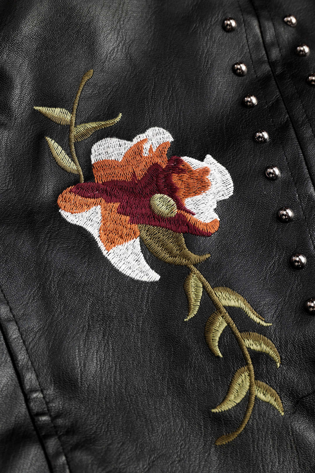 Floral Embroidery Faux Leather Zipper Long Sleeve Jacket