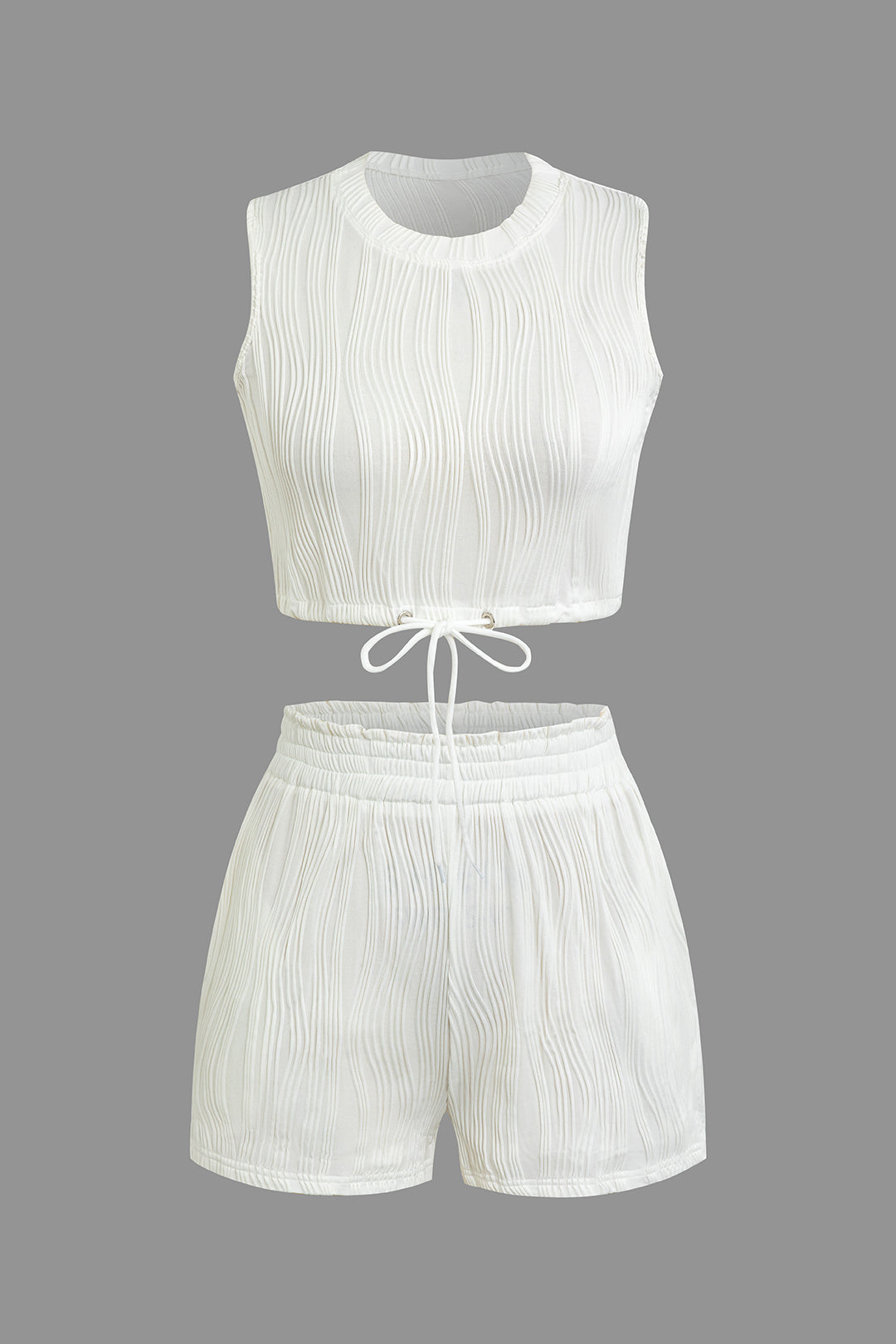 Textured Sleeveless Crop Top And Drawstring Shorts Set