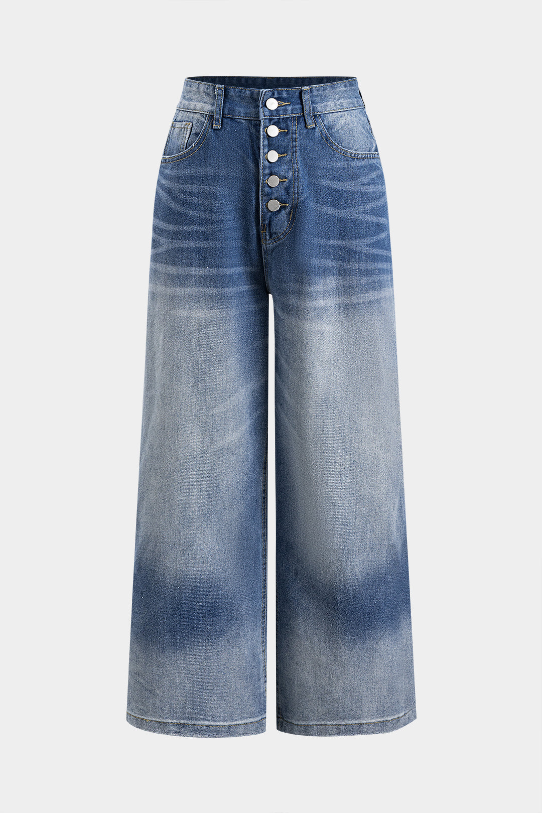 Denim Faded Distressed Button Pocket Wide Leg Jeans