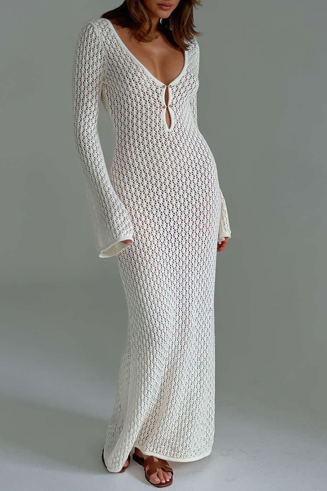 V-neck Crochet Open Knit Long Sleeve Maxi Dress