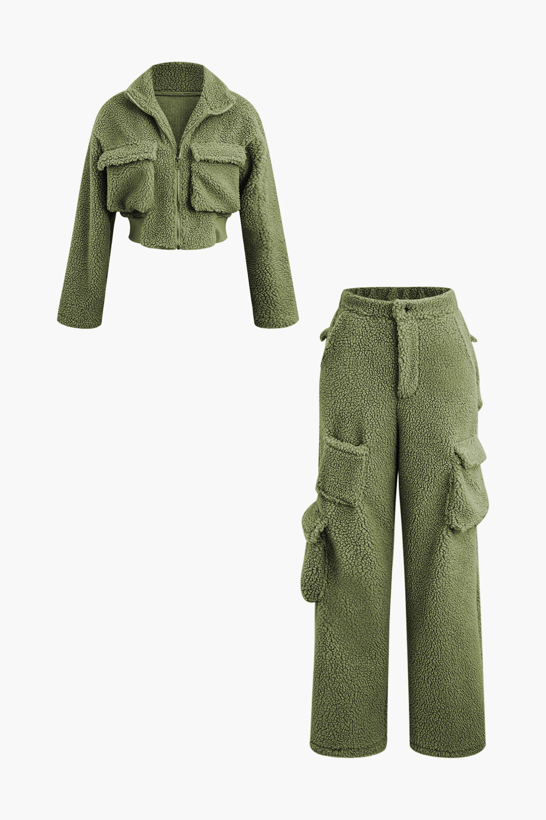 Fleece Collar Flap Pocket Zip Up Long Sleeve Top And Straight Leg Cargo Pants Set