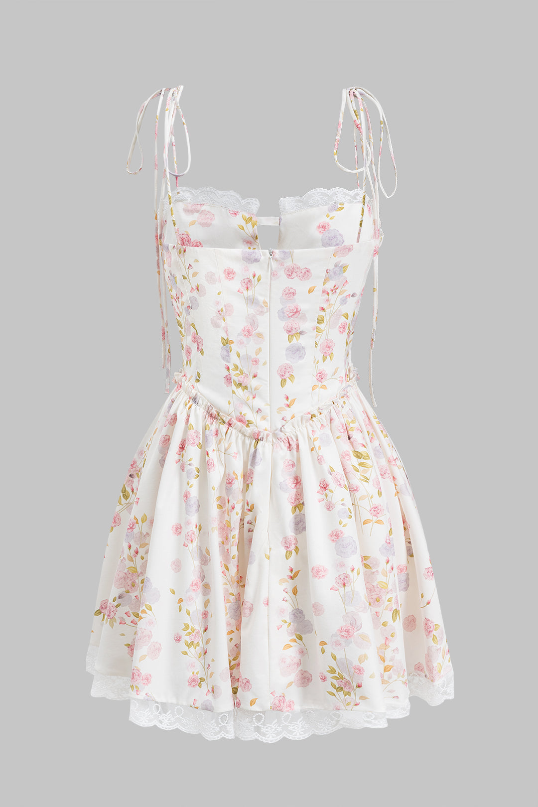 Floral Print Ruched Tie Up Zipper Corset Slip Mini Dress